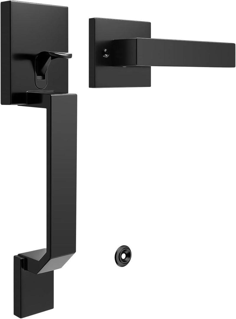 Tinewa Square Matte Black Front Door Handle with Classic Door Lever, Upgrated Exterior Door Entry Handle No Lock, Reversible for Left & Right Handed - Image 1